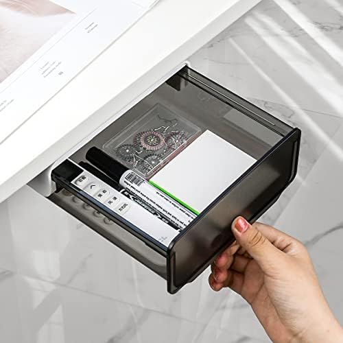 yuntop 1 Pcs Under Desk Drawer, Under Table Hidden Organizer, Plastic Self-adhesive Slide out Under Desk Storage Drawer for Office Dresser Home School Stationery Kitchen (Black) - Image 2