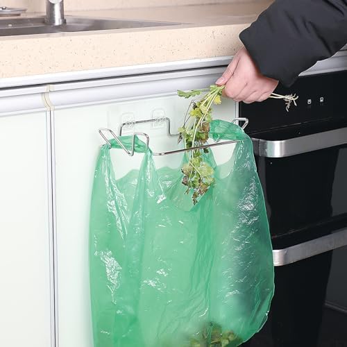 2 Pcs Stainless Steel Trash Bag Holder for Kitchen Cabinets Doors and Cupboards, Under Sink Bag Hanger, Portable Trash can, Waste Bins, Wall Adhesive Hanging Garbage Bins, With Wall Sticker Base - Image 2