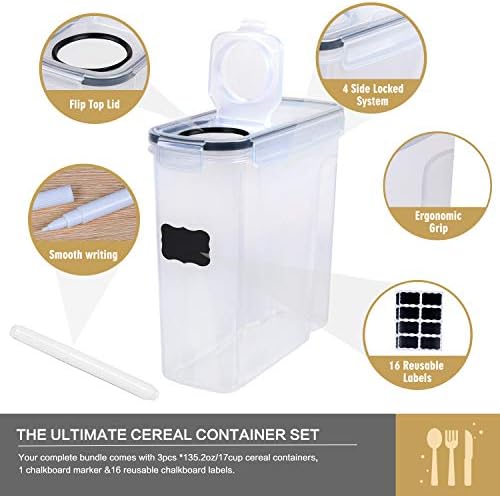 FOOYOO Cereal Containers Storage Set - 3 Piece Airtight Large Dry Cereal Container (135.2oz), BPA Free Dispenser Plastic Cereal Storage Containers with 16 Labels & Pen - Image 2