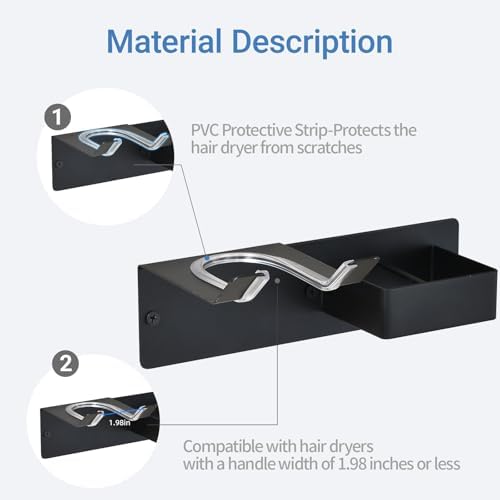 Hair Dryer Holder Wall Mounted, Hair Tool Organizer Wall Mount for Bathroom, Stainless Steel Hair Dryer Holder, Blow Dryer Holder Adhesive/Drilling Hair Dryer and Straightener Holder Black UEMUSI - Image 4