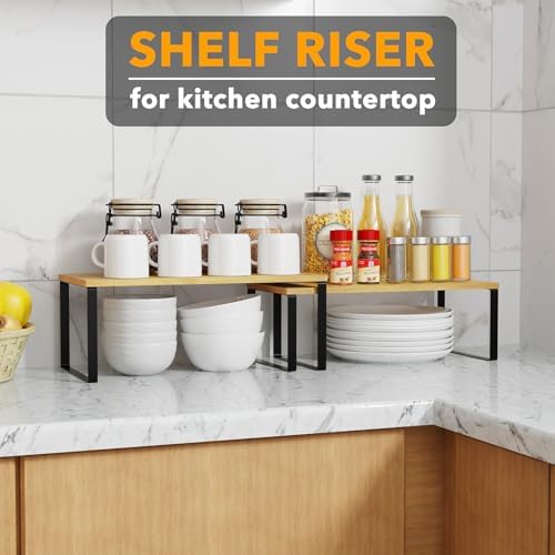 SpaceAid Cabinet Shelf Organizers 8 Pack, Kitchen Counter Rack Shelves Riser, Stackable Expandable Spice Rack, Pantry Cupboard Storage Organization (Black and Natural, Long) - Image 4