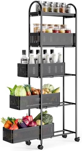 KINGRACK 5 Tier Slim Rolling Cart with Drawer, Metal Utility Storage Cart by KINGRACK