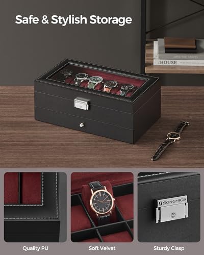 SONGMICS 12-Slot Watch Box, Lockable with Glass Lid, 2 Layers Watch Case - Image 3