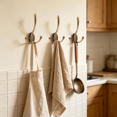 6 Pack Antique Brass Big Heavy Duty Three Prongs Coat Hooks for Thick Coat - Image 6