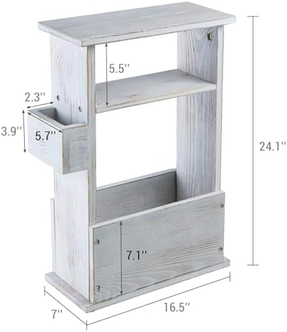 MyGift Wide Side Table, Slim End Sofa Table in Whitewashed Wood with Storage Shelf, Magazine and Remote Holder, Narrow Side Table - Image 3
