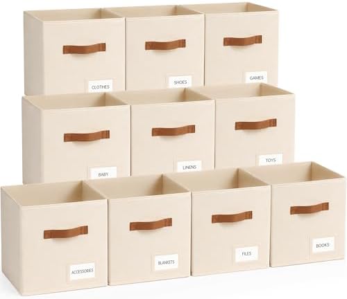 Storage Cubes 10 Pack, 13 Inch Fabric Storage Cubes Organizer Bins with Labels, Odor-Free & Sturdy PP Structure, Cubby Baskets for Closet, Shelves, Toys & Nursery (Beige) by Unknown