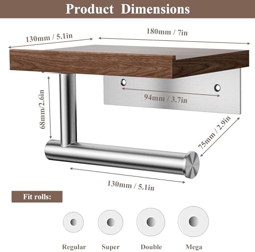 Tindbea Toilet Paper Holder with Wood Shelf, Wooden Wall Mount Tissue Paper Roll Holder, Brushed Nickel Stainless Steel Bathroom Accessories Decor Household Home Apartment Restroom Essentials (Walnut) - Image 3