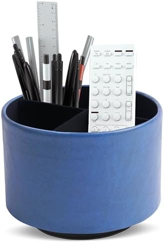 Round Leather Art Supply Organizer,Remote Control Holder,360 Degree Spinning,Multi-Functional Pencil Holder,4 Compartments Desktop Stationary Organizer(1-Oil Blue2) by Hennaja