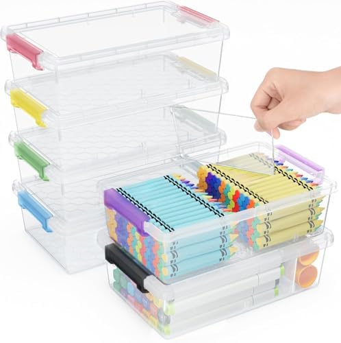 6 Pack Extra Large Pencil Box with Removable Divider, Thickened Pencil Case Bulk, Clear Crayon Marker Organizer Stackable Plastic Small Storage Containers for Pen Craft School Supplies (Multi) by GEOPHIA