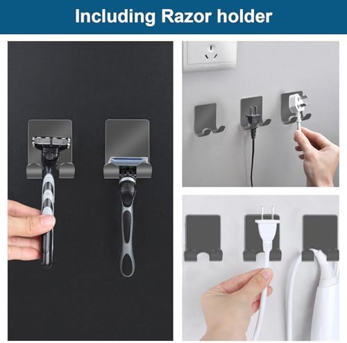 Diesisa Razor Holder for Shower + Adhesive Wall Hooks, Premium 304 Stainless Steel Shower Razor Holder with Heavy Duty Waterproof Sticky Hooks for Hanging Towels, Coat, hat (4+4 Pack) - Grey - Image 2