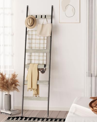 Blanket Ladder, 6-Tier Towel Holder with 4 Removable Hooks, Farmhouse Wall Leaning Decorative Rack Shelf, Wooden Towel Display Rack, Quilt Ladder for Living Room, Bedroom, Greige - Image 5