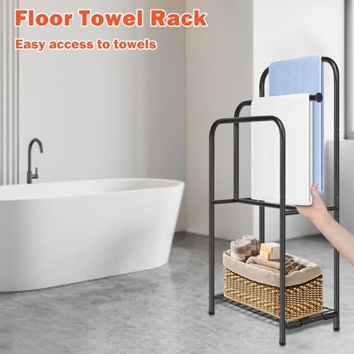 Towel Racks for Bathroom, 35" H Standing Towel Holder 3 Tier Metal Pool Towel Hanger Outdoor Floor with Storage Shelves for Blanket Bath Towel Drying (Matte Black) - Image 5