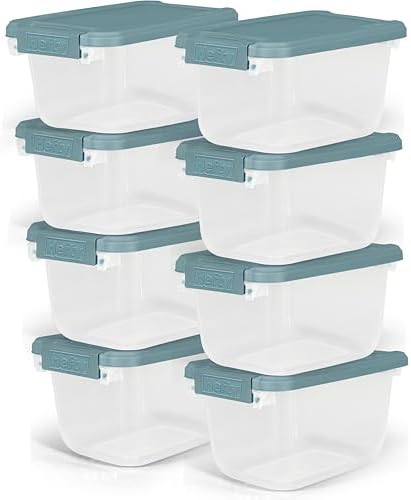 Hefty 6.5 Qt Hi-Rise Storage Bin with Lid, Stackable Plastic Storage Container, Organizer for Home, Office & Classroom, 8 Pack, Smoke Blue by Hefty