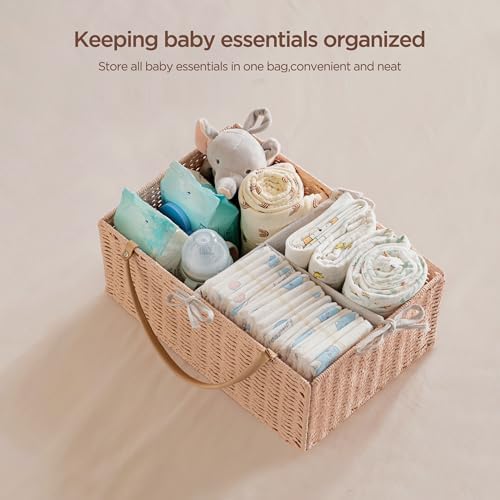 HBlife Large Baby Diaper Caddy Organizer Pink, Paper Rope Storage Baskets Nursery Bin with Removable Divider, Portable Car Organizer for Diapers, Baby Shower Gifts, Newborn Essentials Must Haves - Image 3
