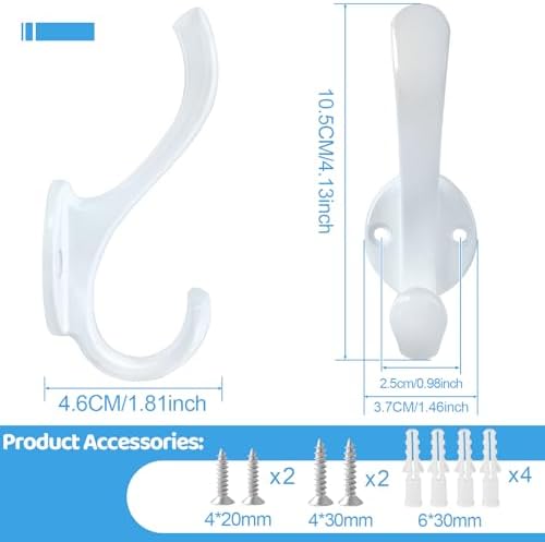 6 Pack Coat Hooks Wall Mount Heavy Duty Utility Retro Double Hooks for Hanging Coats,Hat, Towel, Key, Robe, Scarf, Bag, Cap (White) - Image 3