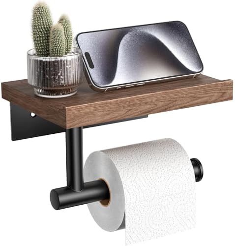 Tindbea Toilet Paper Holder with Wood Shelf, Wooden Wall Mount Tissue Paper Roll Holder, Matte Black Stainless Steel Bathroom Accessories Decor Household Home Apartment Restroom Essentials (Walnut) by Tindbea