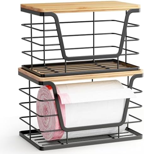 ALOCEO 2 Pack Stackable Wire Storage Basket with Bamboo Lid, Stainless Steel Extra Large Trash Bag Dispenser Roll Holder for Kitchen Sink, Kitchen Storage Bins for Potato and Onion, Black - Image 5