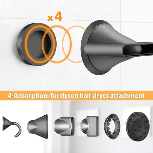 XIGOO Hair Dryer Holder Wall Mounted with 4-Adsorption, Self Adhesive Blow Dryer Holder for Power Plug, Diffuser and Nozzles Accessories Organizer, Matte Black - Image 2