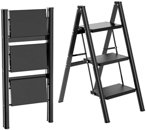 HBTower 3 Step Ladder, Lightweight Aluminum Folding Step Stool by HBTower