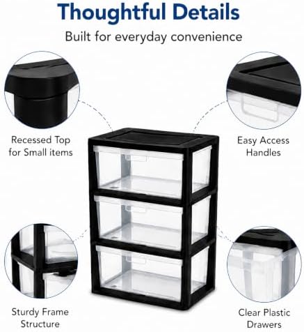 3 Drawer Storage Organizer, 3-Tier Wide Clear Plastic Drawer Storage -Black - Image 4