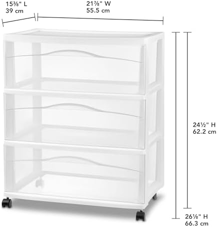 Sterilite Wide 3-Drawer Cart with Wheels for Bedroom and Dresser, 3-Pack - Image 3