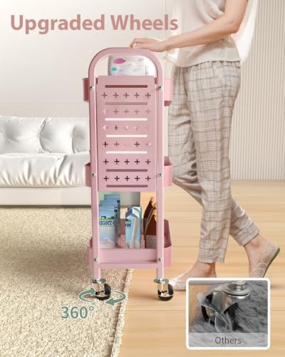 ALVOROG 3 Tier Metal Rolling Utility Cart with Pegboards,Baskets,Hooks,Pink - Image 3