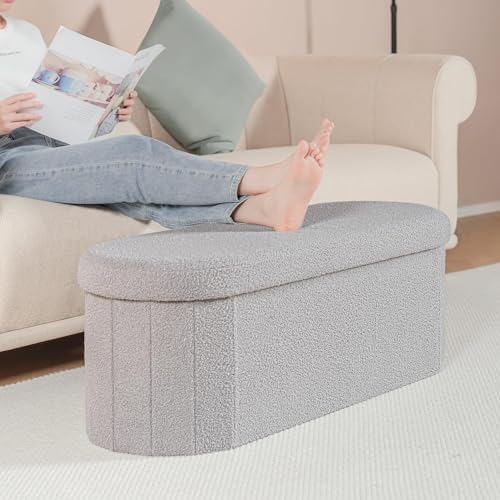 B FSOBEIIALEO 43.3" Sherpa Ottoman with Storage for Living Room, Grey - Image 6