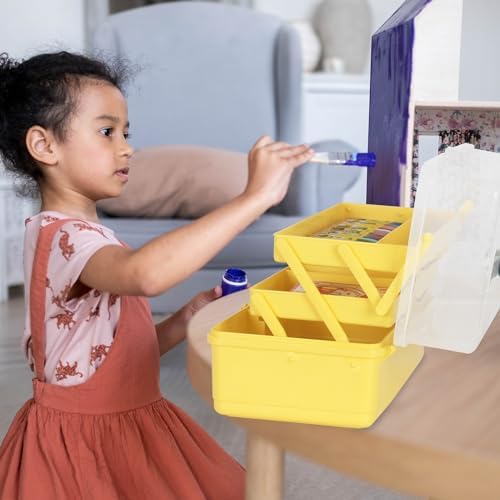 WEWLINE 13-Inch Art Box Sewing Storage Organizer 3-Layers Craft Storage Organizer with Handle Plastic Storage Boxes Organizers for Kids Student Artist,Yellow - Image 3