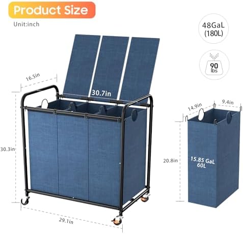 180L Laundry Sorter 3 Section, Rolling Laundry Basket with Wheels and Lid - Image 2