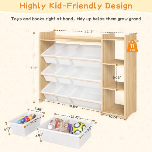 GITAWUSA Kids Toy Storage Organizer, Wooden Shelf with 3 Tiers and 9 Storage Bins, Nursery Room Organizer for Books and Toys, White and Natural Wood - Image 2