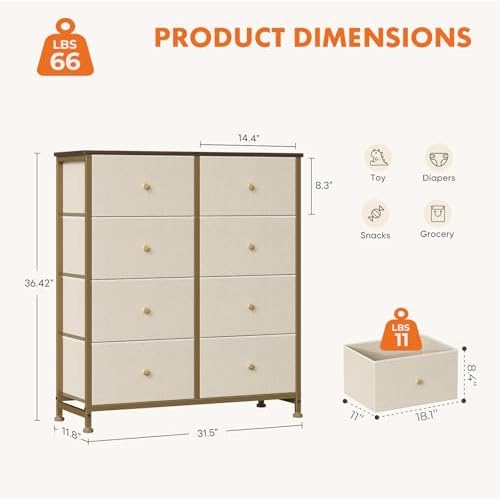 Sweetcrispy 8 Drawer Fabric Dresser, Tall Storage Tower for Bedroom, Khaki - Image 3