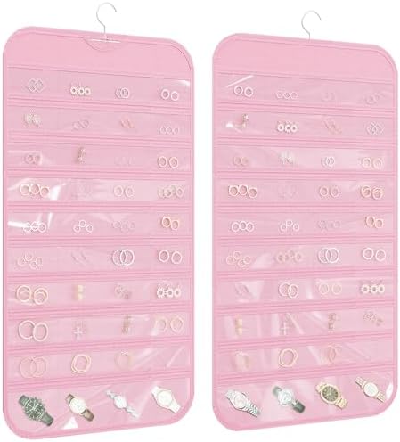 Hanging Jewelry Organizer 80-Pocket Double-Sided Storage, 2-Pack, Pink by DonYeco