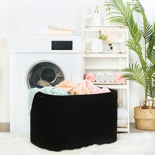 MINTWOOD Design 112L Extra Large Blanket Basket Holder Living Room, 25"x17"x16" Rectangle Rope Woven Storage Basket with Handles for Laundry, Pool Towels, Shoes, Dog Toy Organizer Bin Box, Black - Image 3