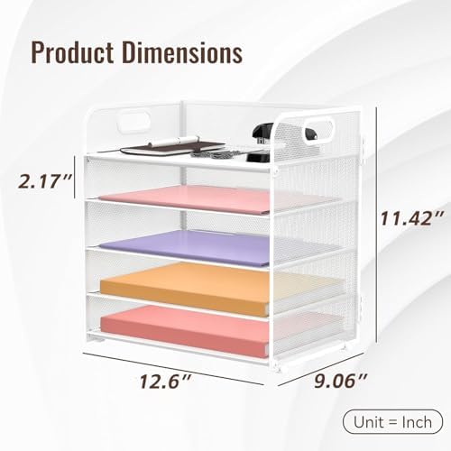 Supeasy 5 Trays Paper Organizer Letter Tray with Handle-Mesh Desk File Holders, Paper Sorter Desk Organizer for Office, Home, Classroom or School, White - Image 5