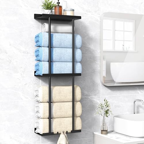 Towel Rack for Bathroom, Wall Mounted Vertical Rolled Towel Storage Organizer Holder with Shelf, Holds Up 6 Large Bath Sheets, Black Large Size by Liuoud