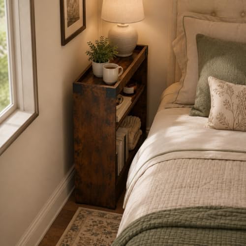 Narrow Side Table, 8" Slim End Table with Tray Top, Rustic Brown - Image 5