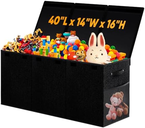 Large Toy Storage Box with Lid, Dividers, Collapsible Kids Toy Chest, Black by Rocamdo