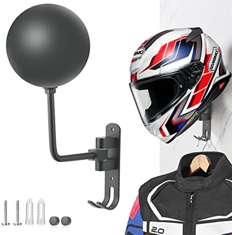 SANGMO Grey 180° Motorcycle Helmet Rack, Rotation Metal Helmet Holder Wall Mount, Helmet Holder Bike with 2 Hooks Helmet Hanger for Motorcycle Bike Coats, Caps, Baseballs, Rugby Helmet by SANGMO