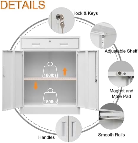 Wanfu Metal Storage Cabinet, Locking Cabinet with 1 Drawer and Adjustable Shelf, 36" H x 28" W x 16" D Steel Storage Cabinet for Office, Garage, Home-White - Image 5
