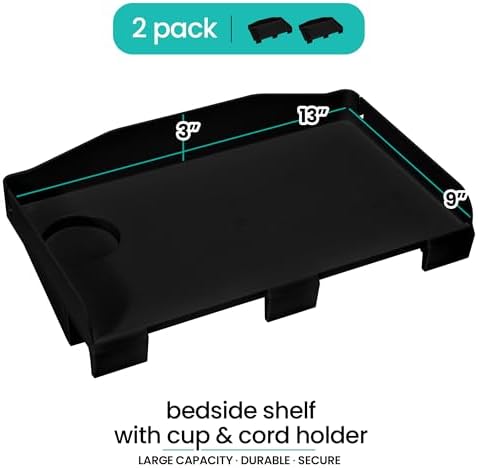 Modern Innovations 2 Count Bedside Organizer for Bed – Clip On Tray with Cup & Cord Holder – for College Dorm, Top Bunk, or Kids Bedroom (Black) - Image 2