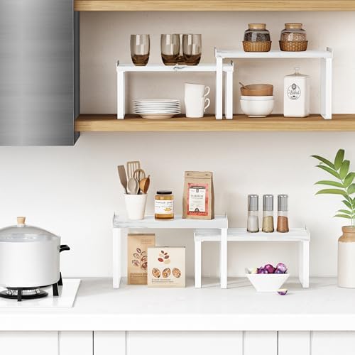 Goozii Counter Shelf Organizer Set of 4, Pantry Shelf Risers for Plates Dishes Cups Mugs Spices, Pantry Cupboard Cabinet Organizers and Storage Shelves Rack Insert for Countertop (White) - Image 3