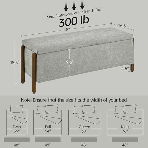 Usaint 47" Fabric Upholstered End of Bed Storage Ottoman Bench, Grey - Image 2