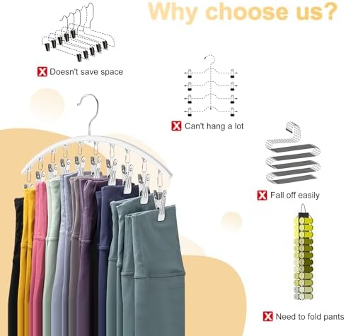 Legging Organizer for Closet, Metal Yoga Pants Hanger w/Rubber Coated 4 Pack w/10 Clips Hold 40 Leggings, Hangers Space Saving Hanging Closet Organizer for Closet Organizers and Storage-White - Image 2