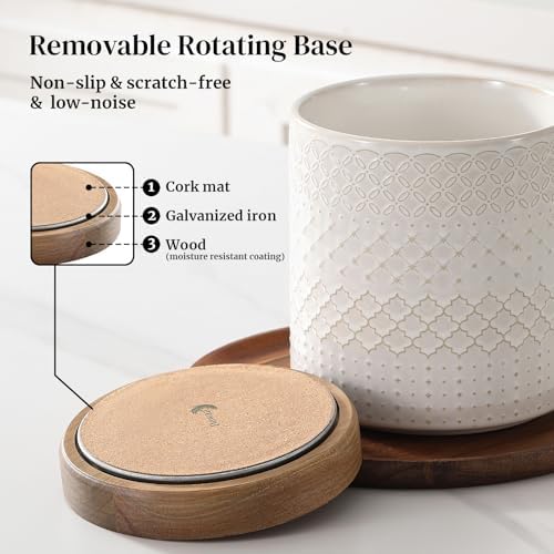 DOWAN 360° Rotating Extra Large Cooking Utensil Holder, 7.6" Kitchen Utensil Holder for Countertop, Utensil Crock for Farmhouse Kitchen Decor, Ceramic Stable Utensil Caddy, White Embossed - Image 3