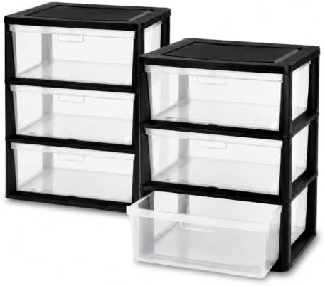 Plastic Storage Drawers, 3 Drawer Tower with Clear Removable Bins, Black by Unknown