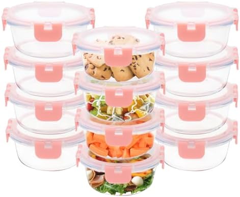 GULFLIN 12pack, 13oz Small Glass Food Storage Containers with Lids, Pink by GULFLIN
