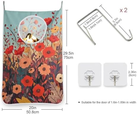 Autumn Poppy Flowers Door Hanging Laundry Hamper Bag with Free Adjustable Stainless Steel Hooks Dirty Clothes Hamper Extra Large Over the Door Laundry Hamper 29.5X20inch 1PC - Image 3