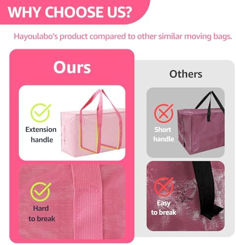 Moving Bags Heavy Duty Extra Large, Moving Boxes, Moving Supplies Essentials,Storage Bins with Lids, Plastic Packing Totes, Storage Bags for Clothes with Handles & Zippers(Pink, 6 Pack) - Image 4