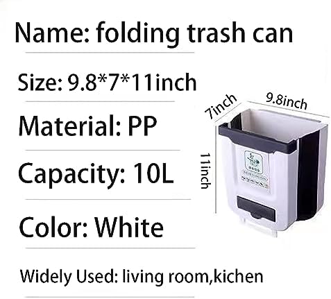 Hanging Kitchen Trash Can,2.6 Gallon Collapsible Waste Bin,Plastic Folding Hang Garbage Can for Cabinet Car Bedroom Bathroom Kitchen Office 11.3 * 10 * 6.9inch,White - Image 4