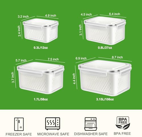 4 Pack Fruit Storage Containers for Fridge Keep Fresh - BPA Free Fresh Food Containers with Removable Colander, Produce Saver Keeper for Berry Lettuce Vegetables, Salad, Dishwasher & Microwave Safe - Image 2
